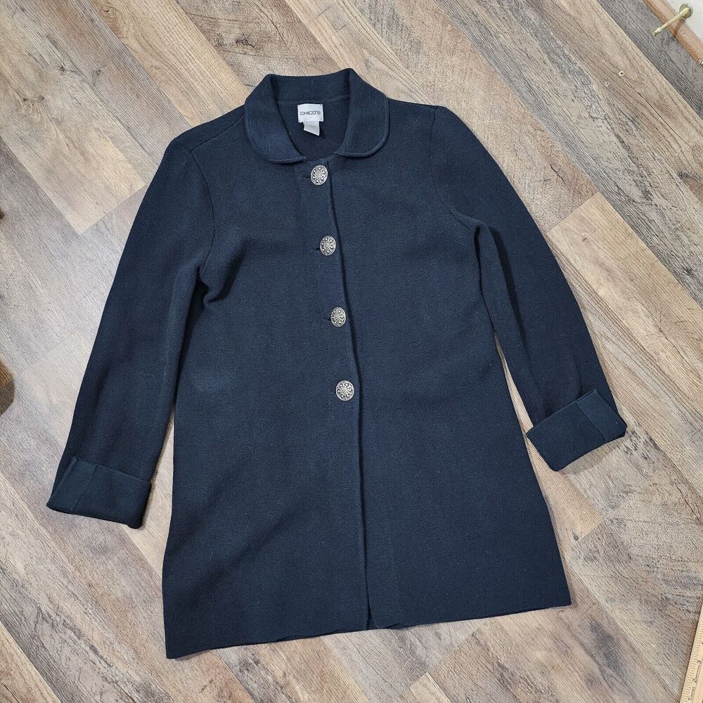Chicos Women's Sz 1 Cardigan Sweater Coat Heavyweight 100% Cotton Navy Blue